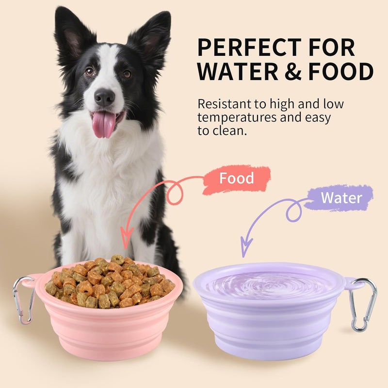 TECOPH Collapsible Dog Bowls 2-Pack, Portable Travel Dog Bowl with Carabiner, Food-Grade Silicone Pet Bowl for Hiking, Walking (22 OZ Macaron Pink and Violet) - Image 3